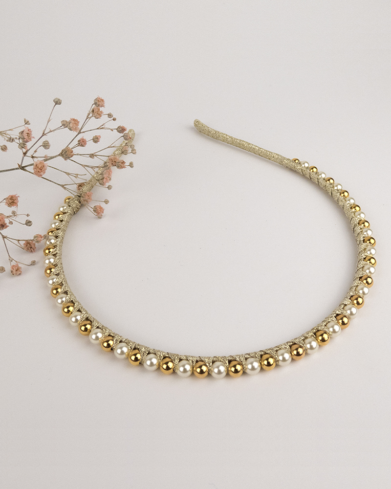 Bijou de tête et perles rondes en laiton et nacrées fait main en France