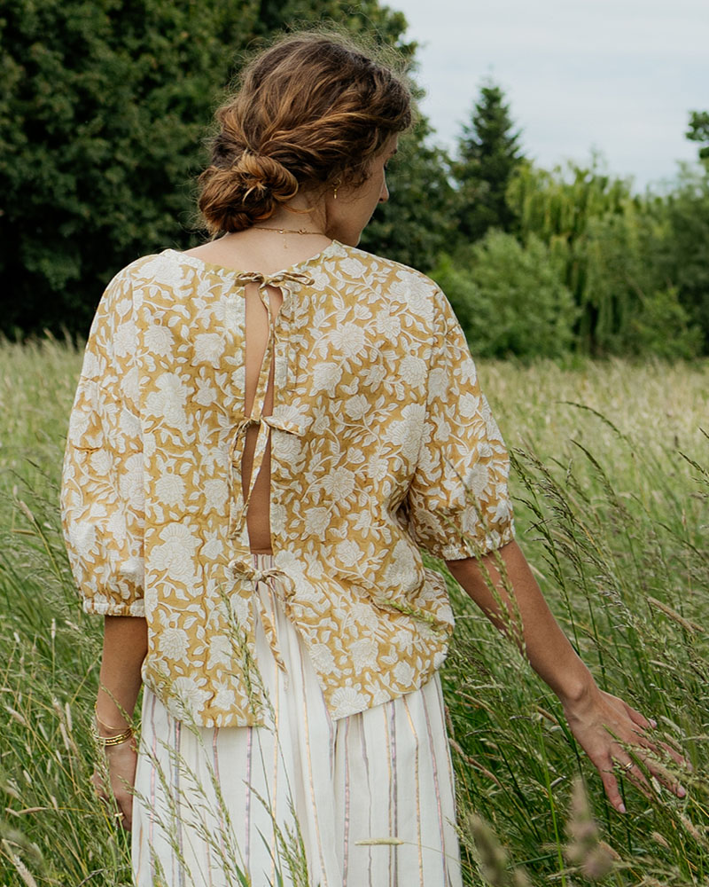 Blouse bohème pour femme à fleurs bicolores, imprimé au blockprint en Inde