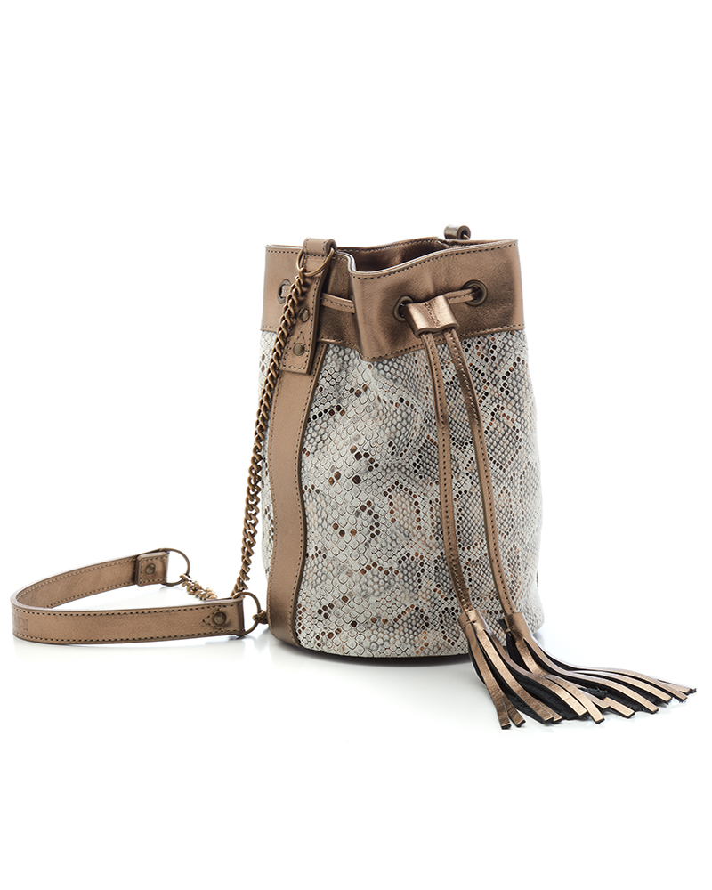 Sac bohème chic, forme bourse pour femme, motif python tons neutres et métallisés bronze